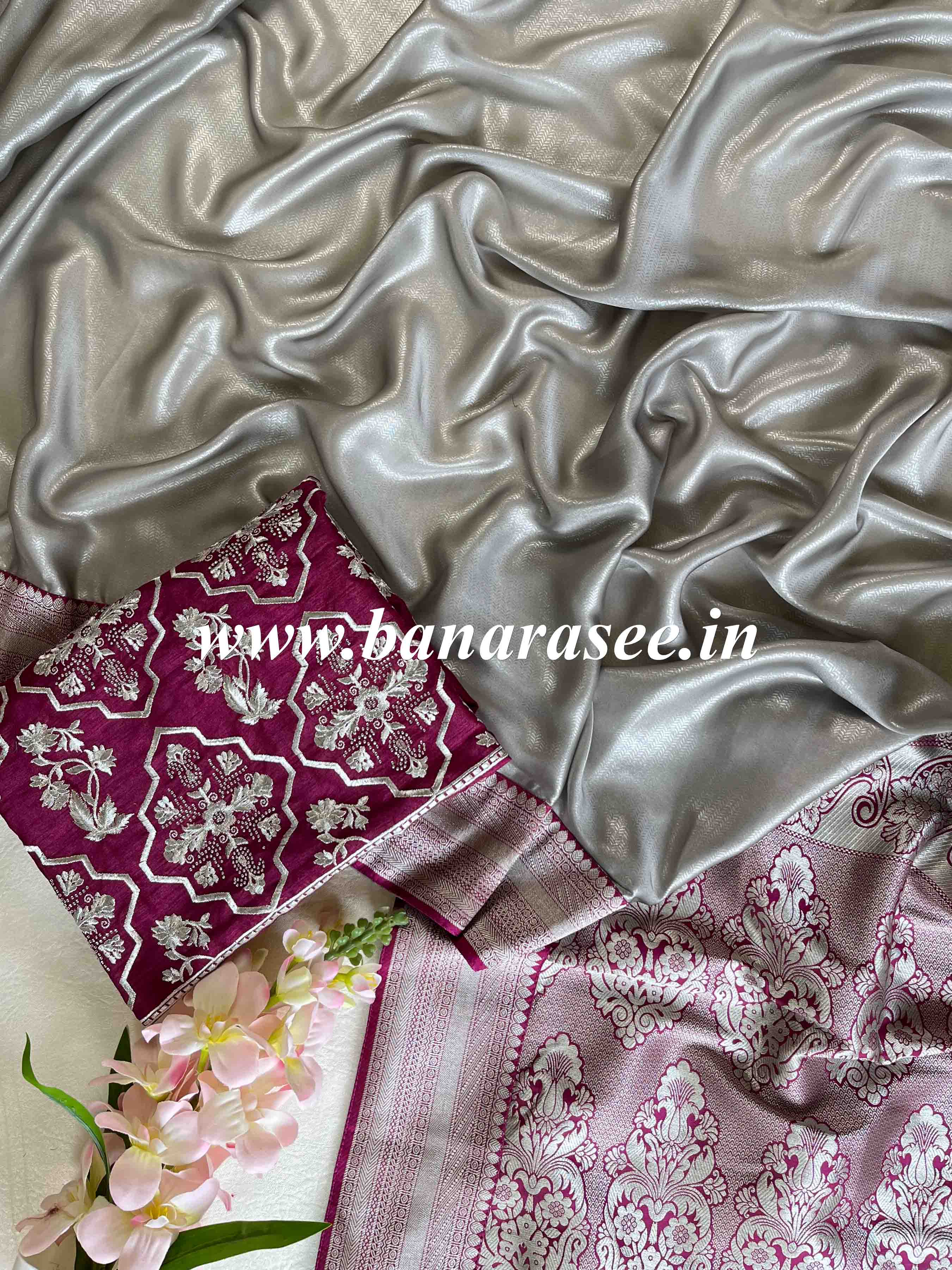 Banarasee Handwoven  Semi-Katan Zari Border With Contrast Embroidered Blouse Saree-Grey