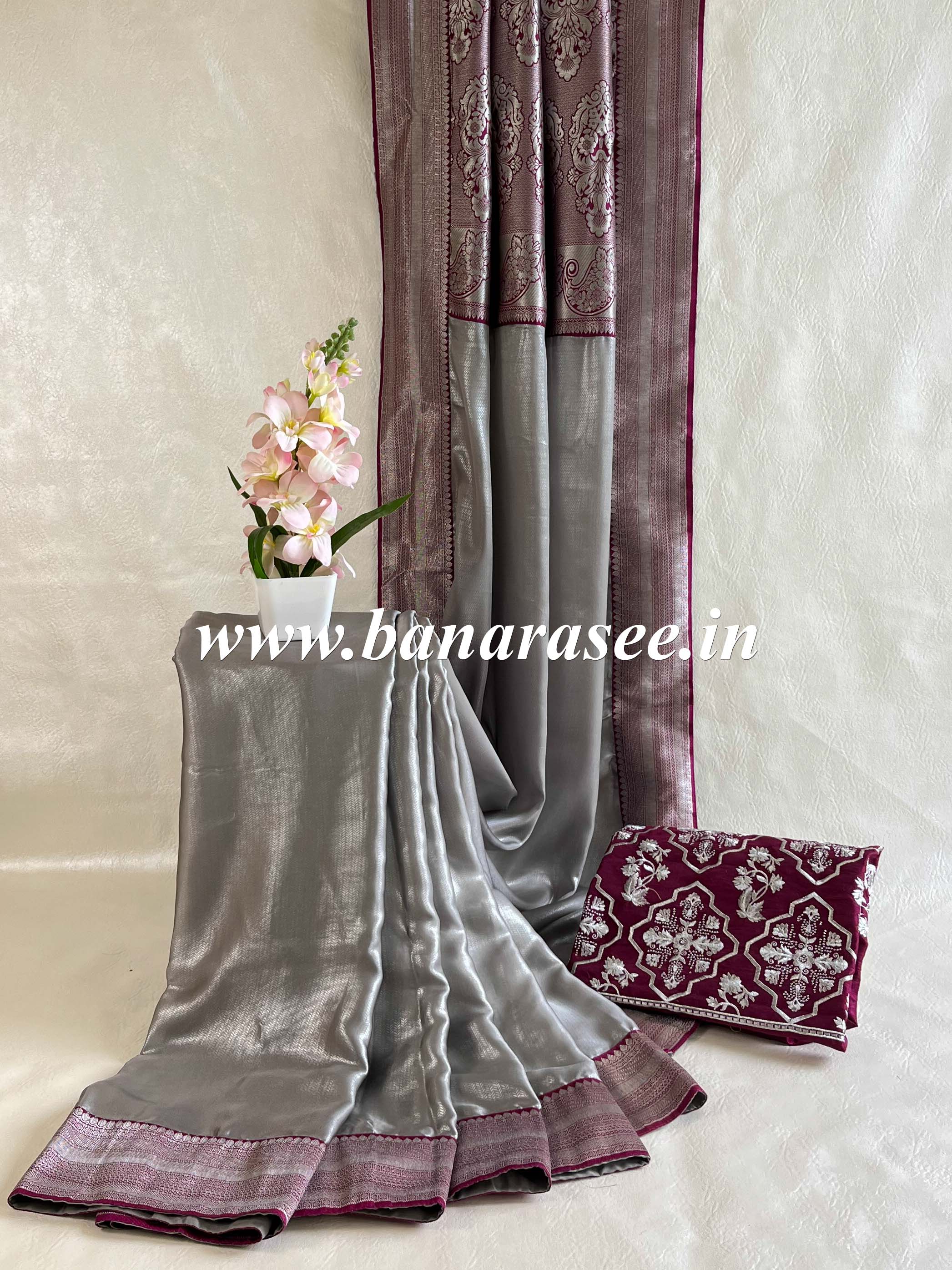 Banarasee Handwoven  Semi-Katan Zari Border With Contrast Embroidered Blouse Saree-Grey