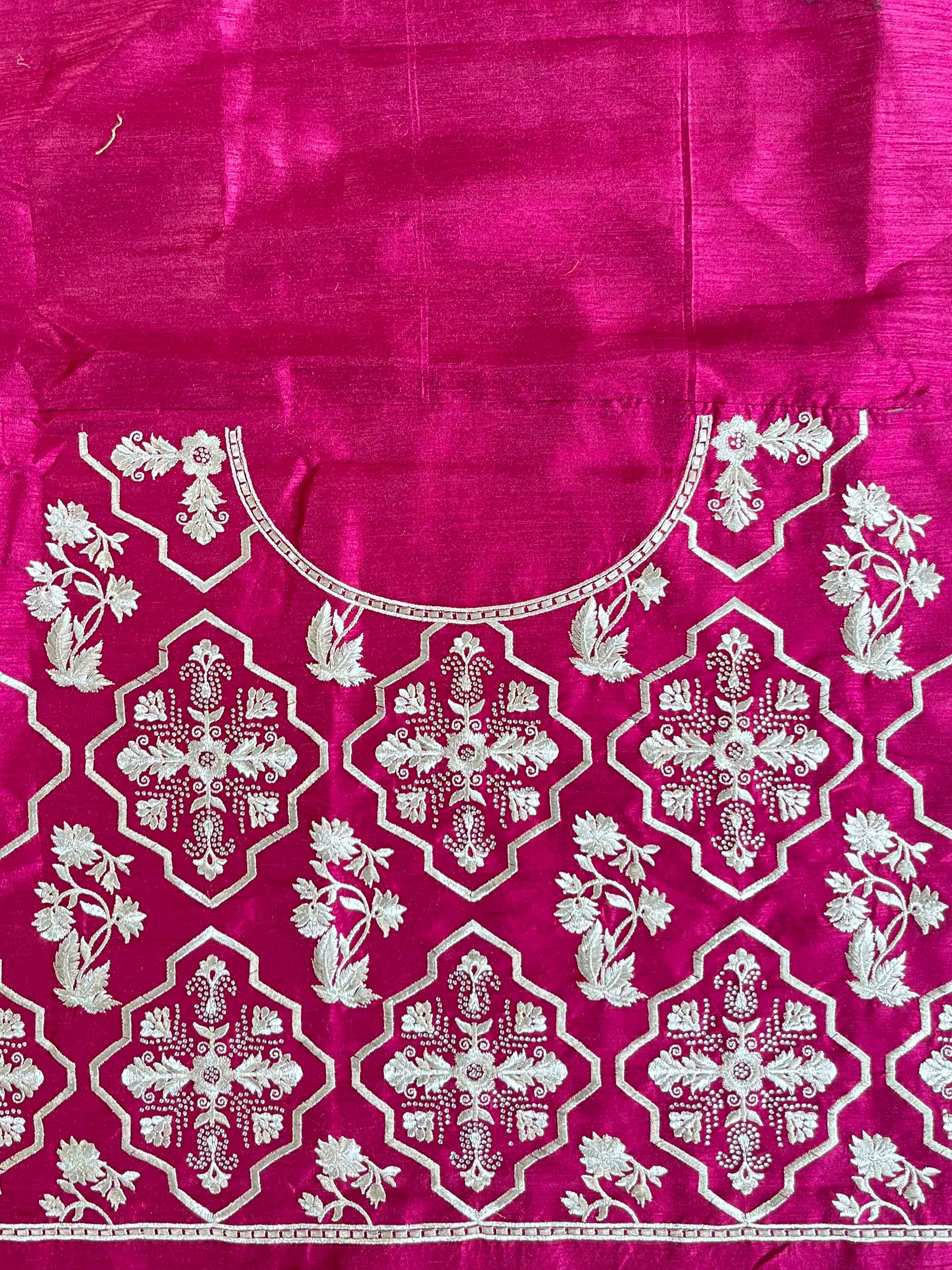 Banarasee Handwoven  Semi-Katan Zari Border With Contrast Embroidered Blouse Saree-Grey