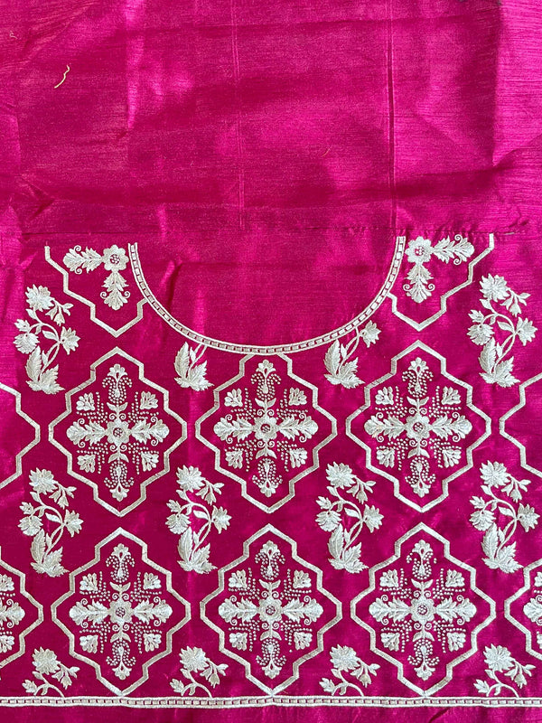 Banarasee Handwoven  Semi-Katan Zari Border With Contrast Embroidered Blouse Saree-Grey