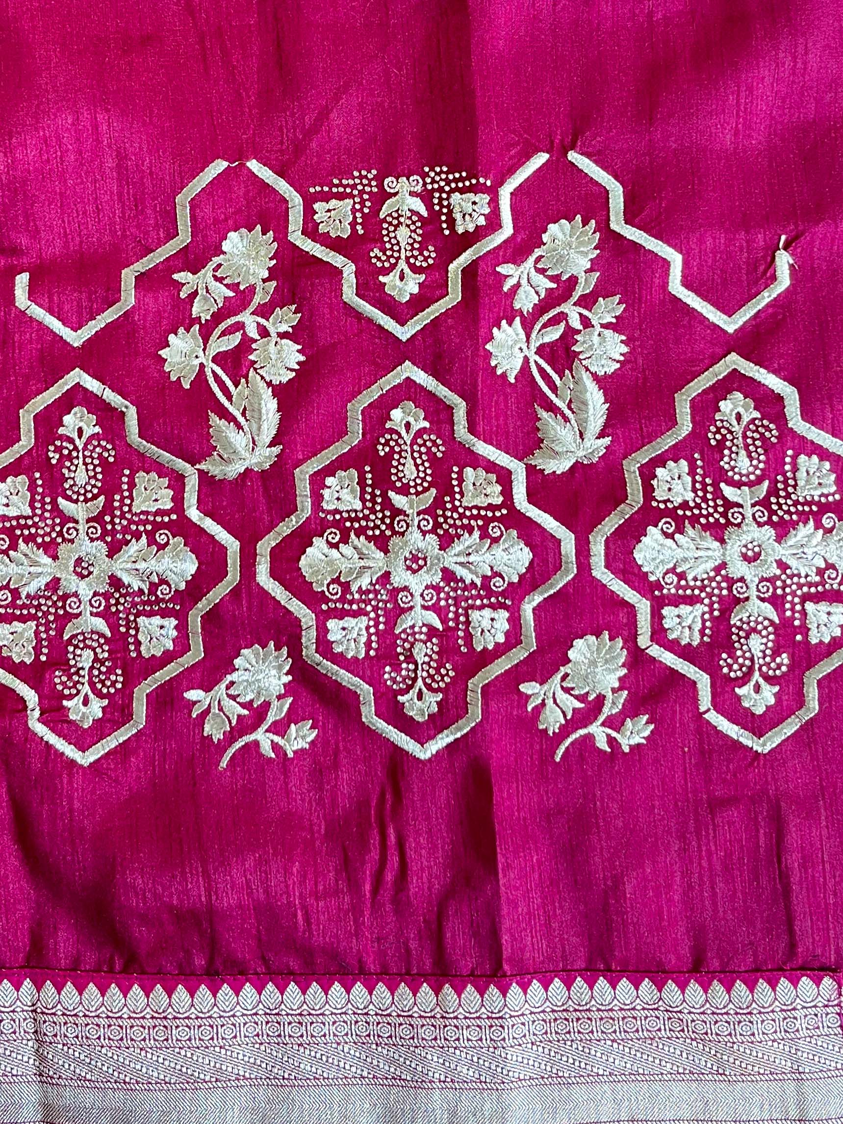 Banarasee Handwoven  Semi-Katan Zari Border With Contrast Embroidered Blouse Saree-Grey