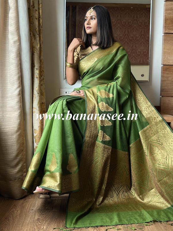 Banarasee Handwoven Pure Silk Cotton Saree With Antique Zari Buti & Border-Olive Green