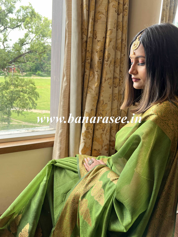 Banarasee Handwoven Pure Silk Cotton Saree With Antique Zari Buti & Border-Olive Green