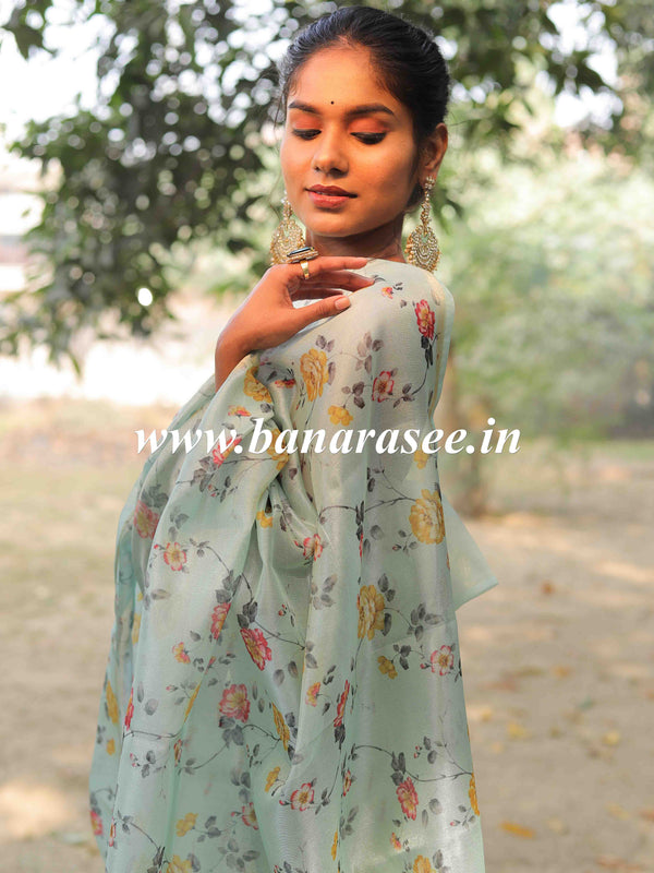 Banarasee Tissue Silk Salwar Kameez Fabric With Digital Print Duaptta-Blue