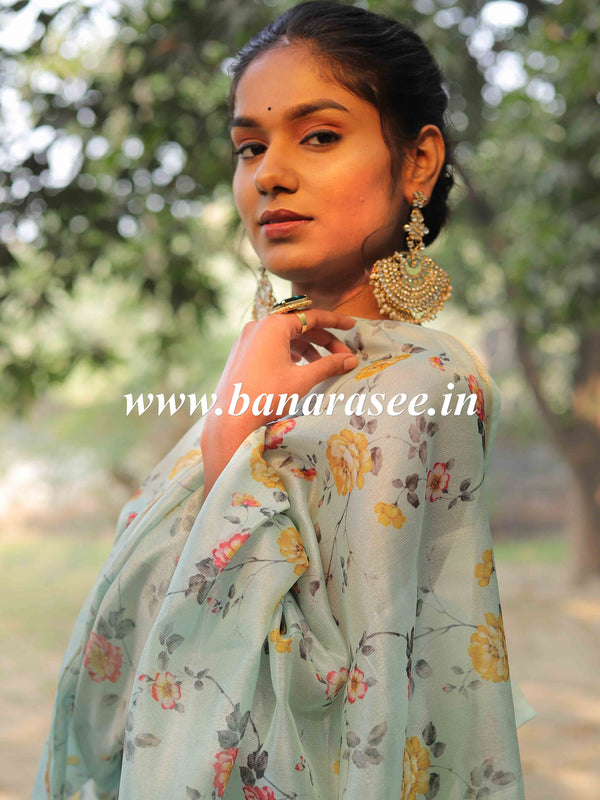 Banarasee Tissue Silk Salwar Kameez Fabric With Digital Print Duaptta-Blue
