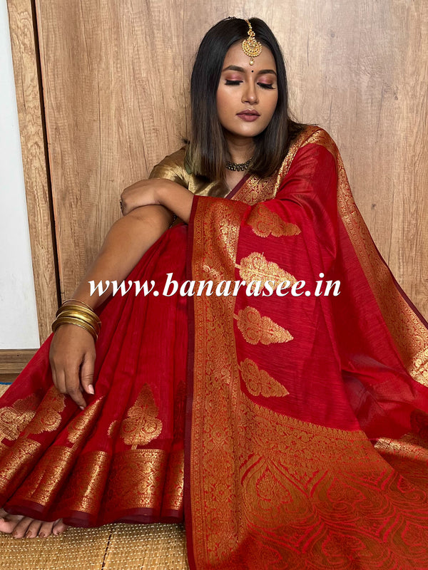 Banarasee Handwoven Pure Silk Cotton Saree With Antique Zari Buti & Border-Red