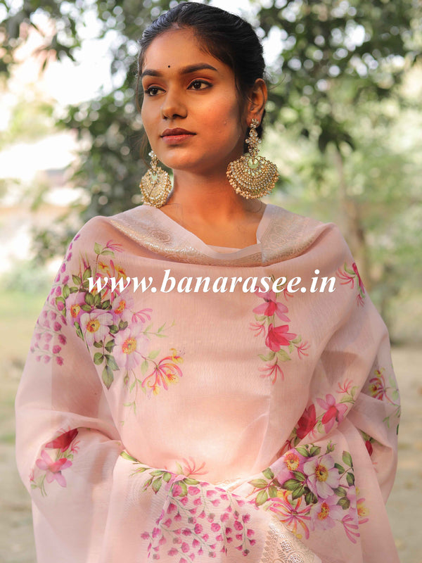 Banarasee Handloom Chanderi Cotton Salwar Kameez With Digital Print Dupatta-Peach