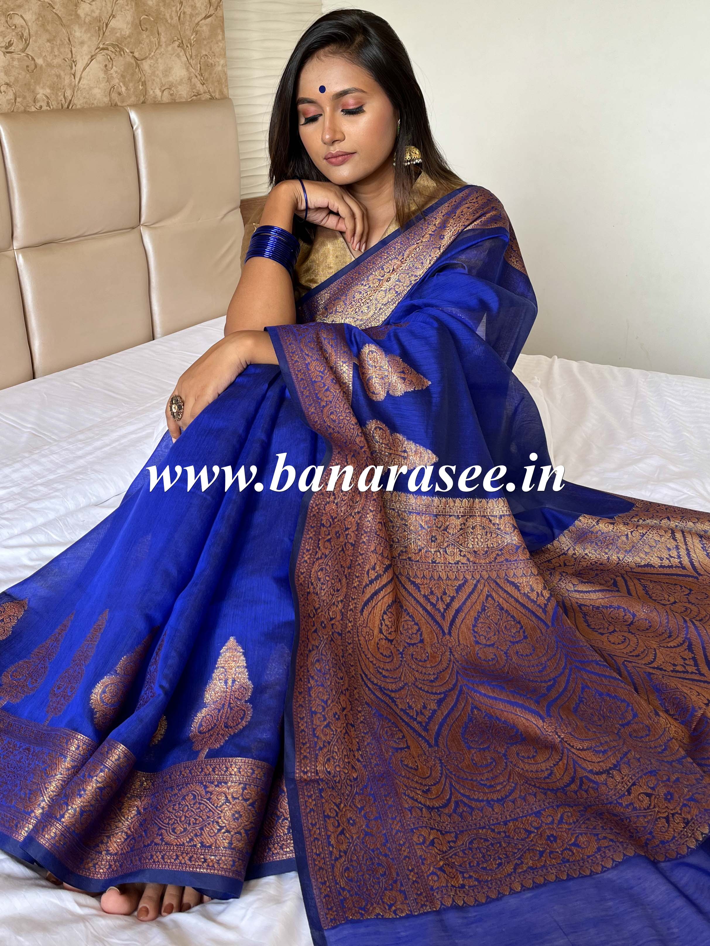 Banarasee Handwoven Pure Silk Cotton Saree With Antique Zari Buti & Border-Blue