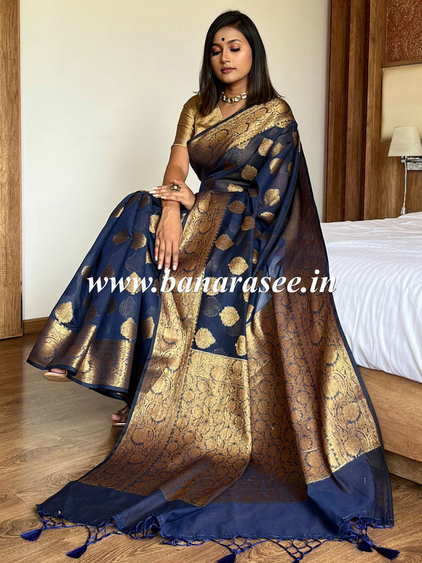 Banarasee Handwoven Pure Silk Cotton Saree With Antique Zari Buti & Border-Blue