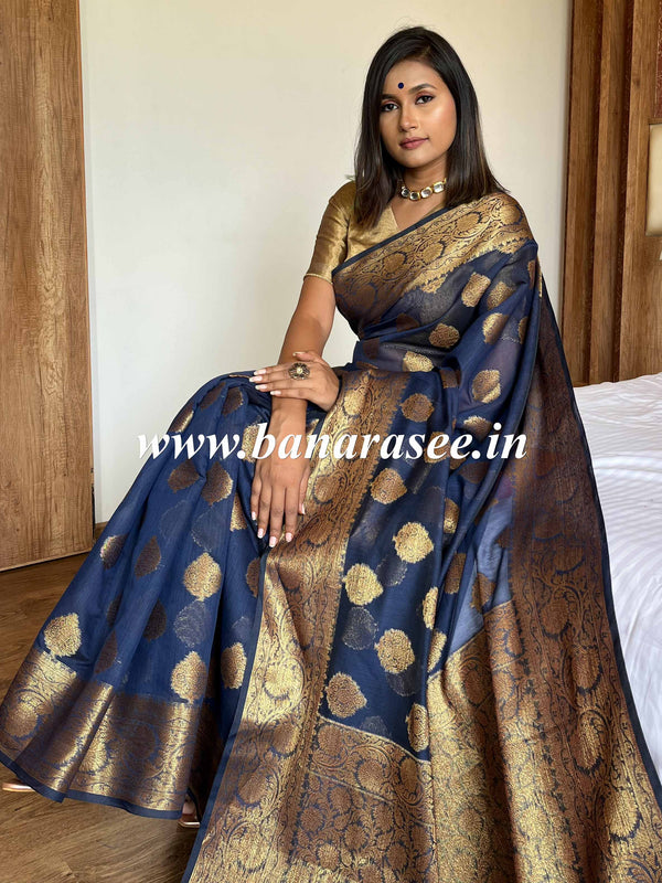 Banarasee Handwoven Pure Silk Cotton Saree With Antique Zari Buti & Border-Blue