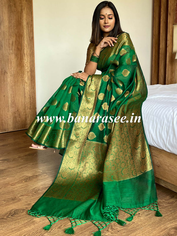 Banarasee Handwoven Pure Silk Cotton Saree With Antique Zari Buti & Border-Green