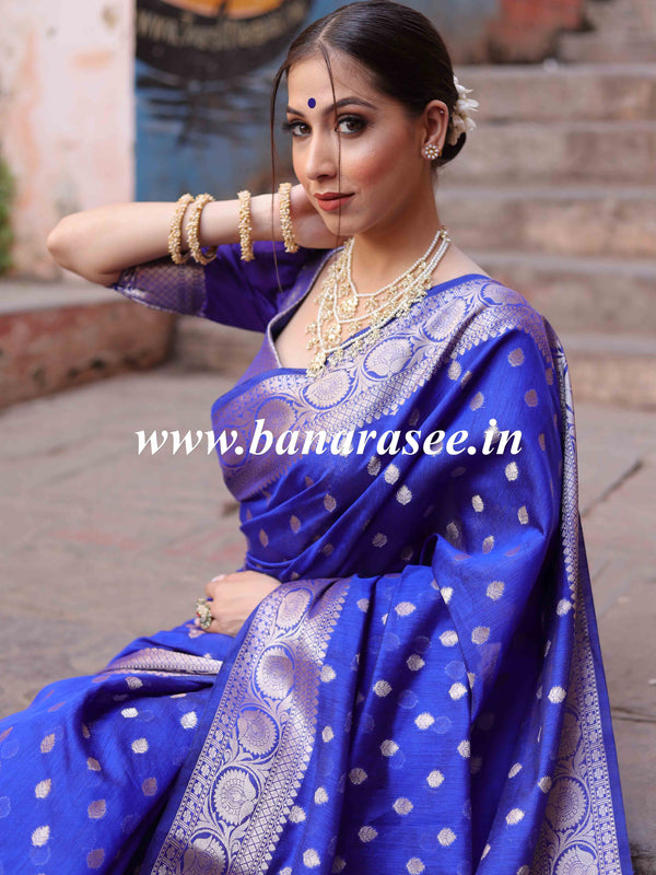 Banarasee Handwoven Pure Silk Cotton Saree With Zari Buti & Border-Royal Blue