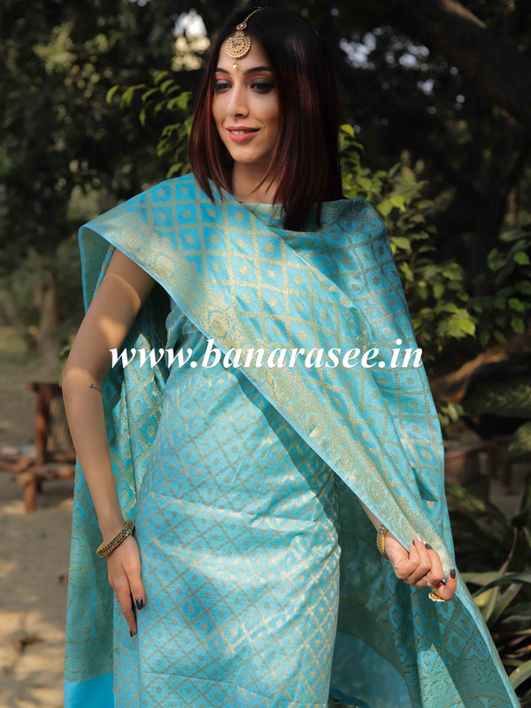 Banarasee Cotton Silk Zari Woven Salwar Kameez Dupatta Set-Blue