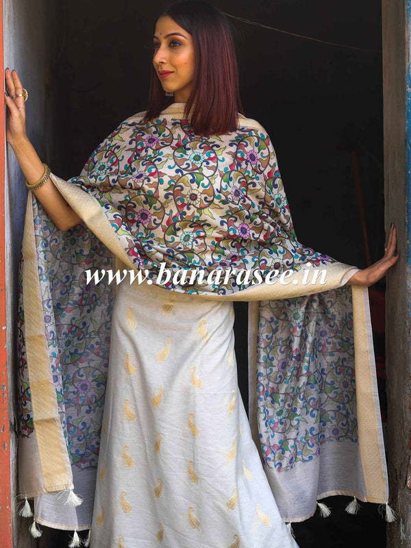 Banarasee Handloom Chanderi Cotton Salwar Kameez With Digital Print Dupatta-Grey