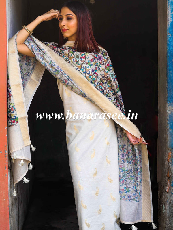 Banarasee Handloom Chanderi Cotton Salwar Kameez With Digital Print Dupatta-Grey