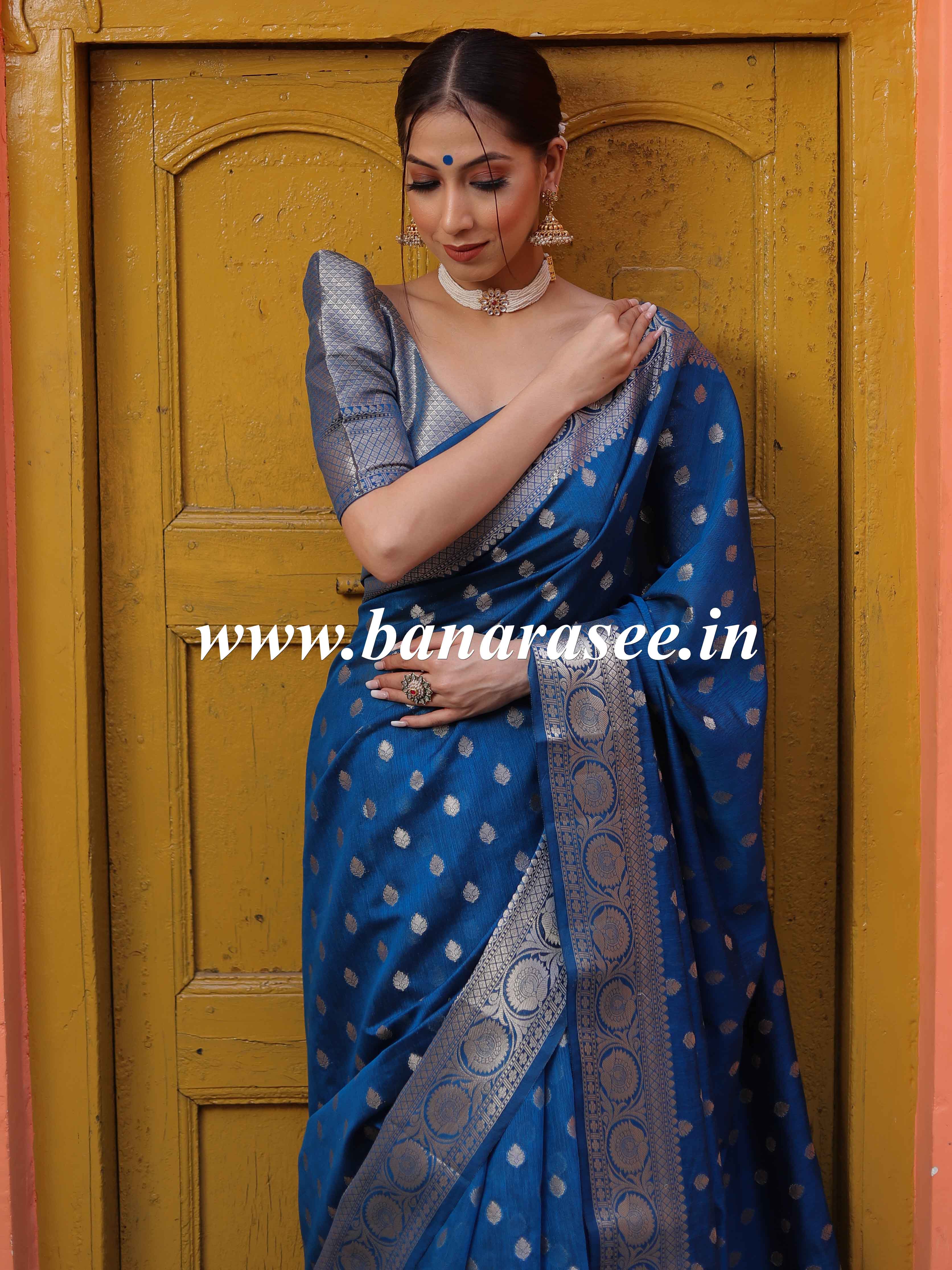 Banarasee Handwoven Pure Silk Cotton Saree With Zari Buti & Border-Azure Blue