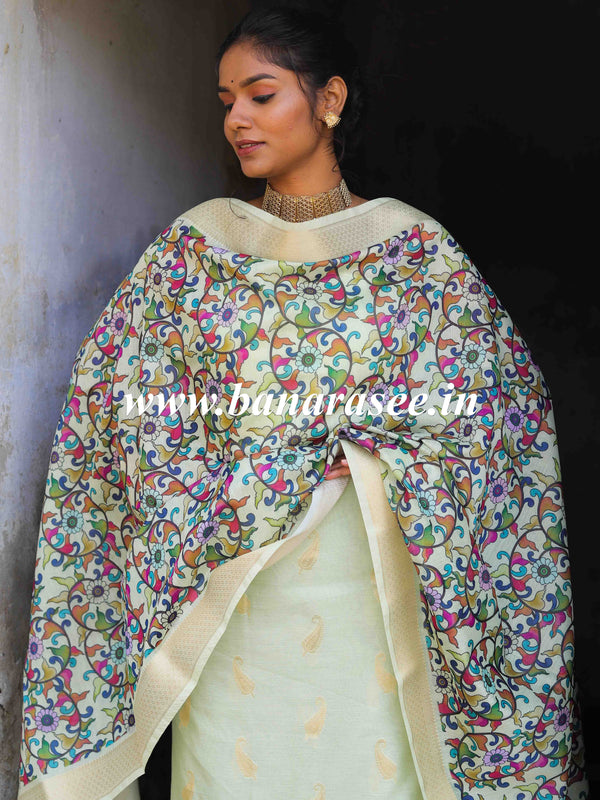 Banarasee Handloom Chanderi Cotton Salwar Kameez With Digital Print Dupatta-Green