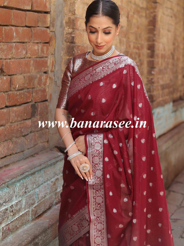 Banarasee Handwoven Semi-Chiffon Saree With Silver Zari Design-Maroon