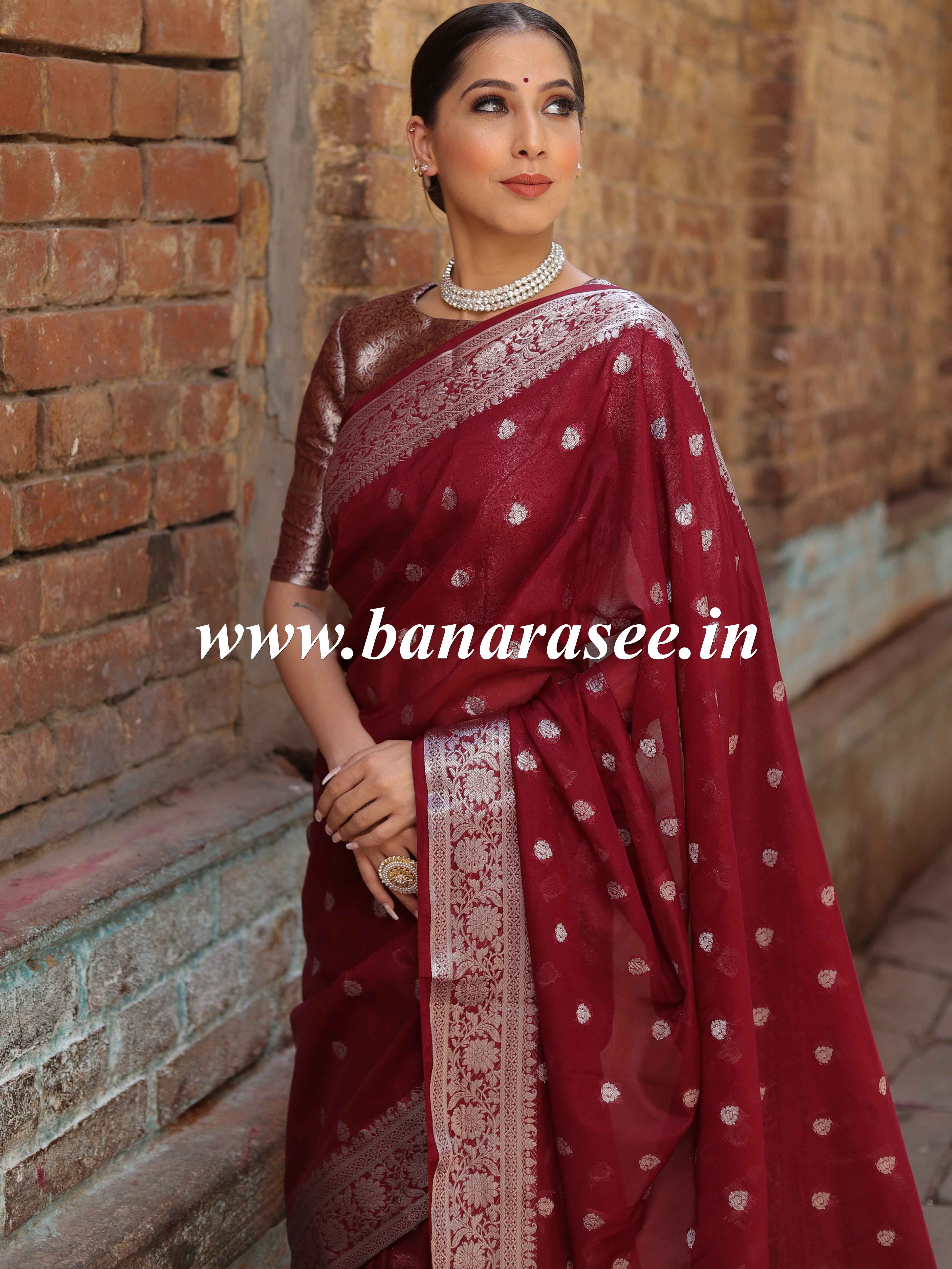 Banarasee Handwoven Semi-Chiffon Saree With Silver Zari Design-Maroon