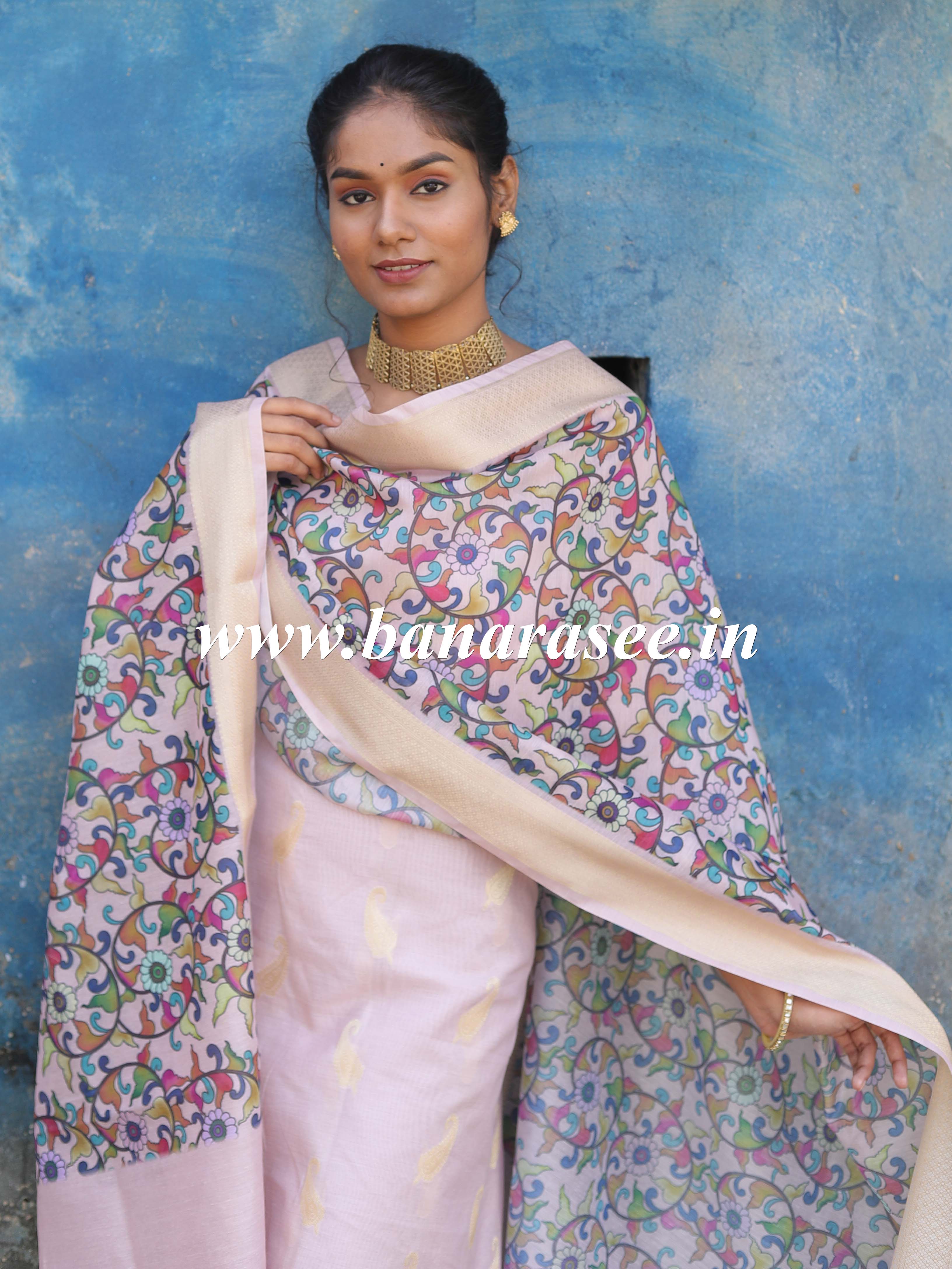Banarasee Handloom Chanderi Cotton Salwar Kameez With Digital Print Dupatta-Pink
