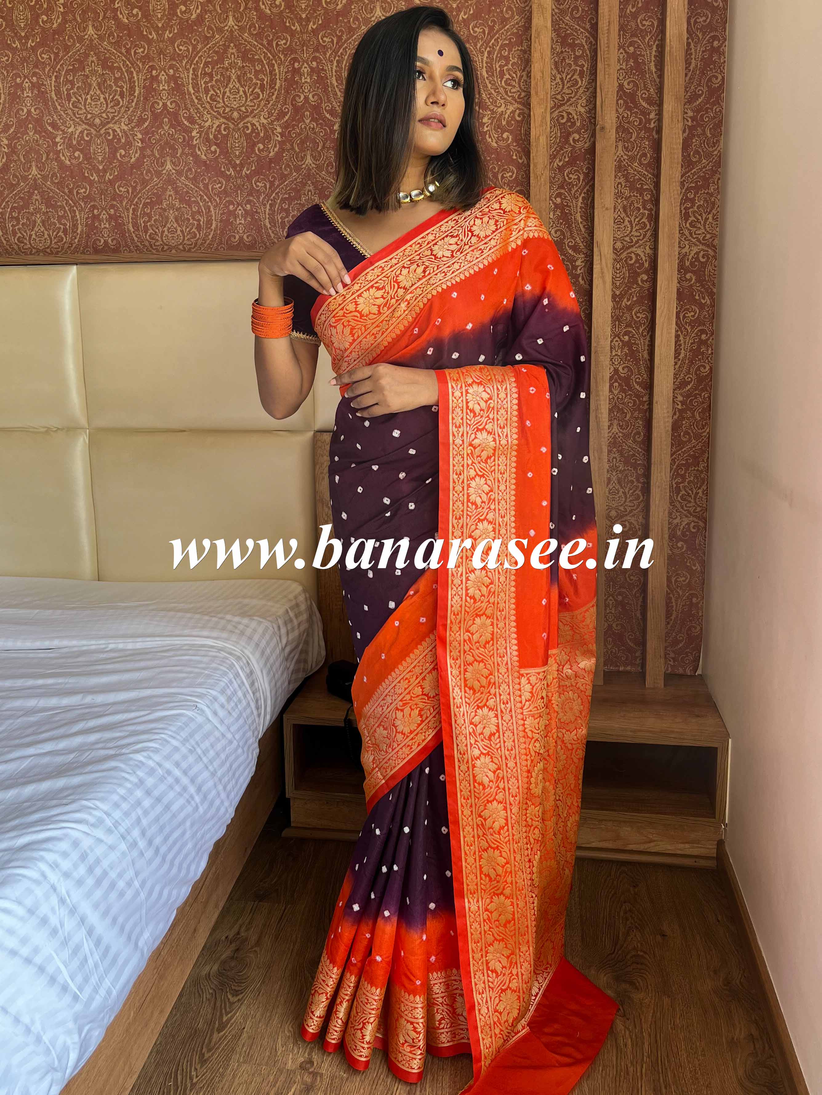 Banarasee Handwoven Semi-Chiffon Saree With Bandhej & Floral Border-Violet