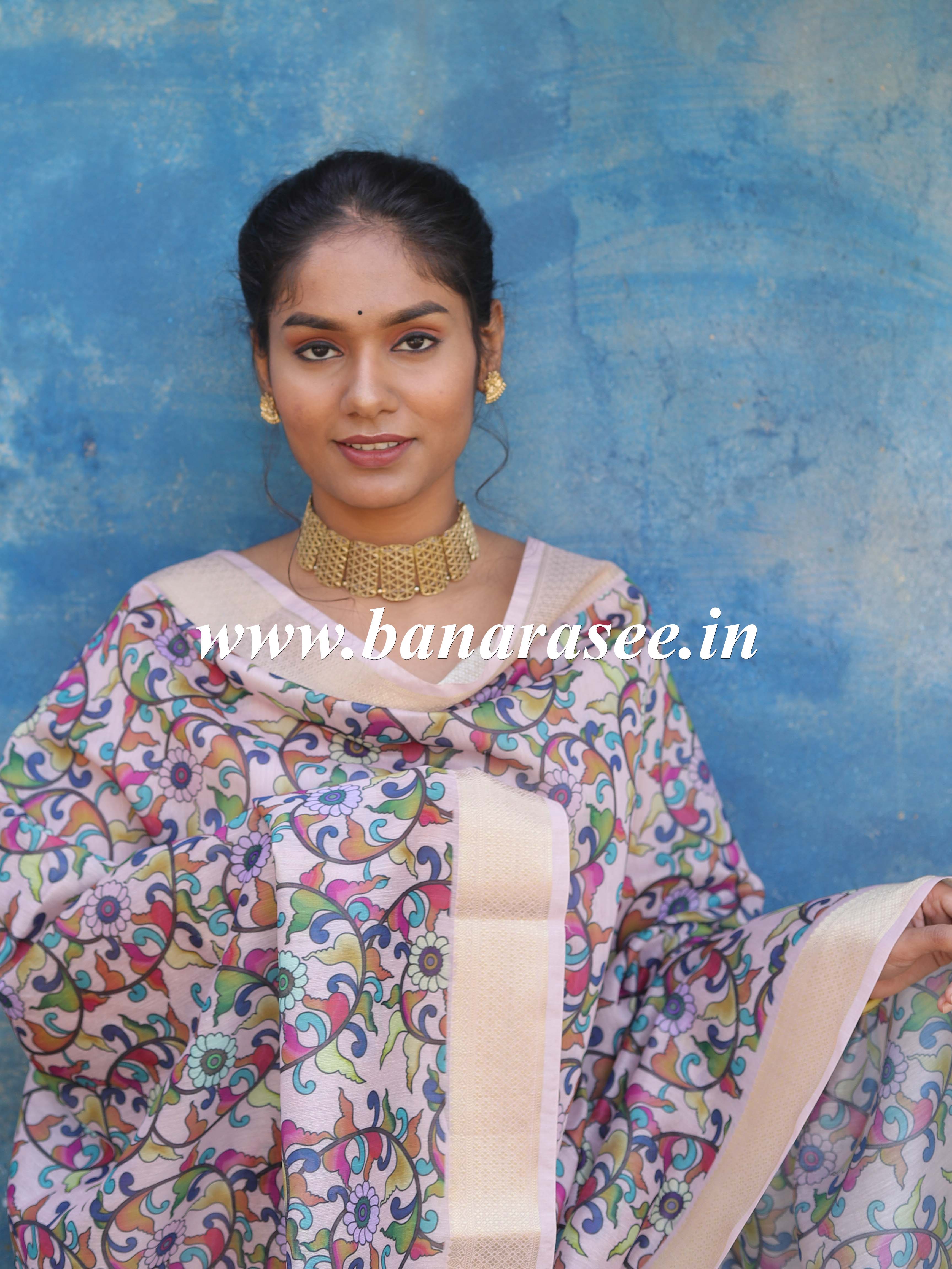 Banarasee Handloom Chanderi Cotton Salwar Kameez With Digital Print Dupatta-Pink