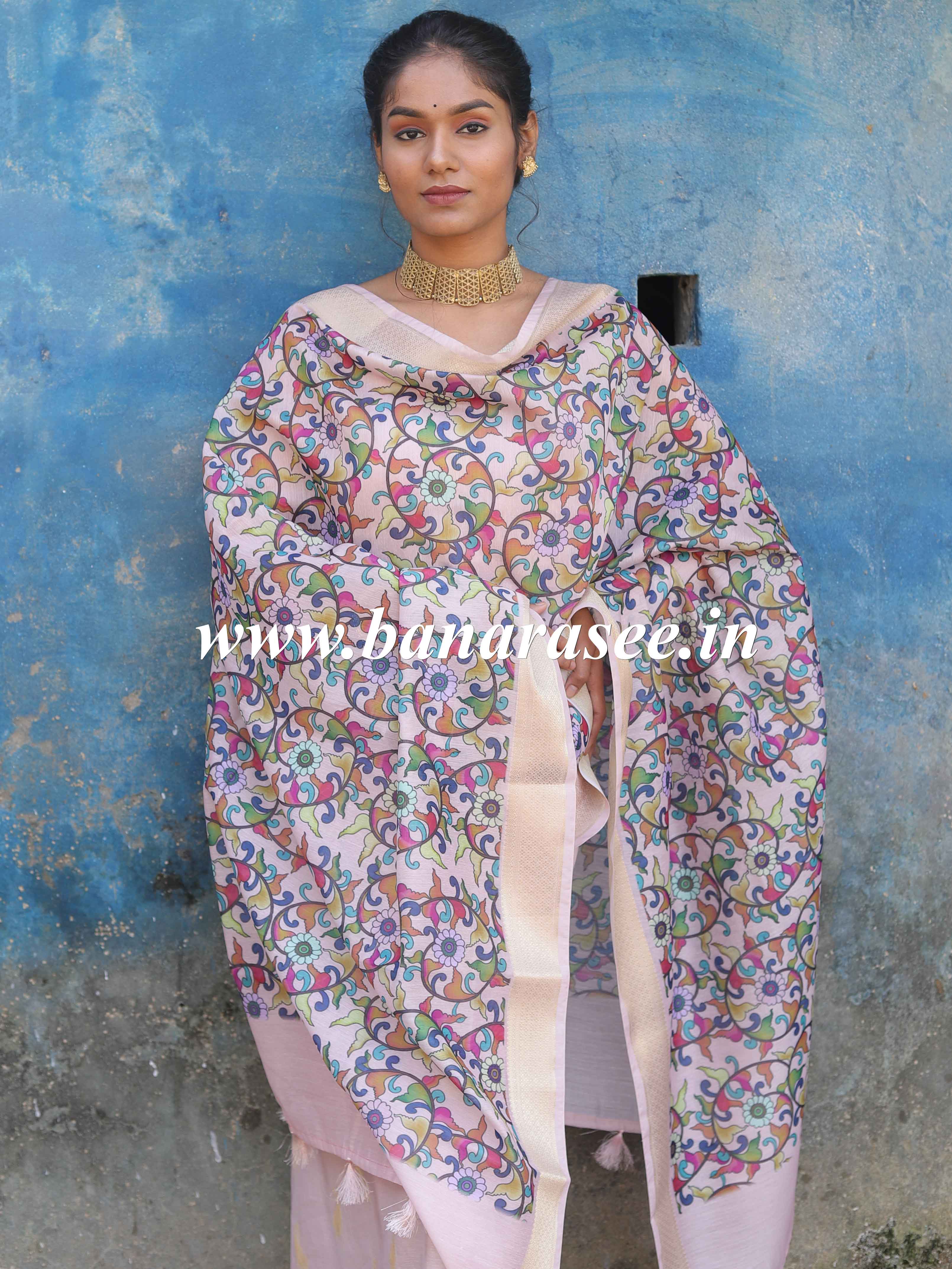 Banarasee Handloom Chanderi Cotton Salwar Kameez With Digital Print Dupatta-Pink