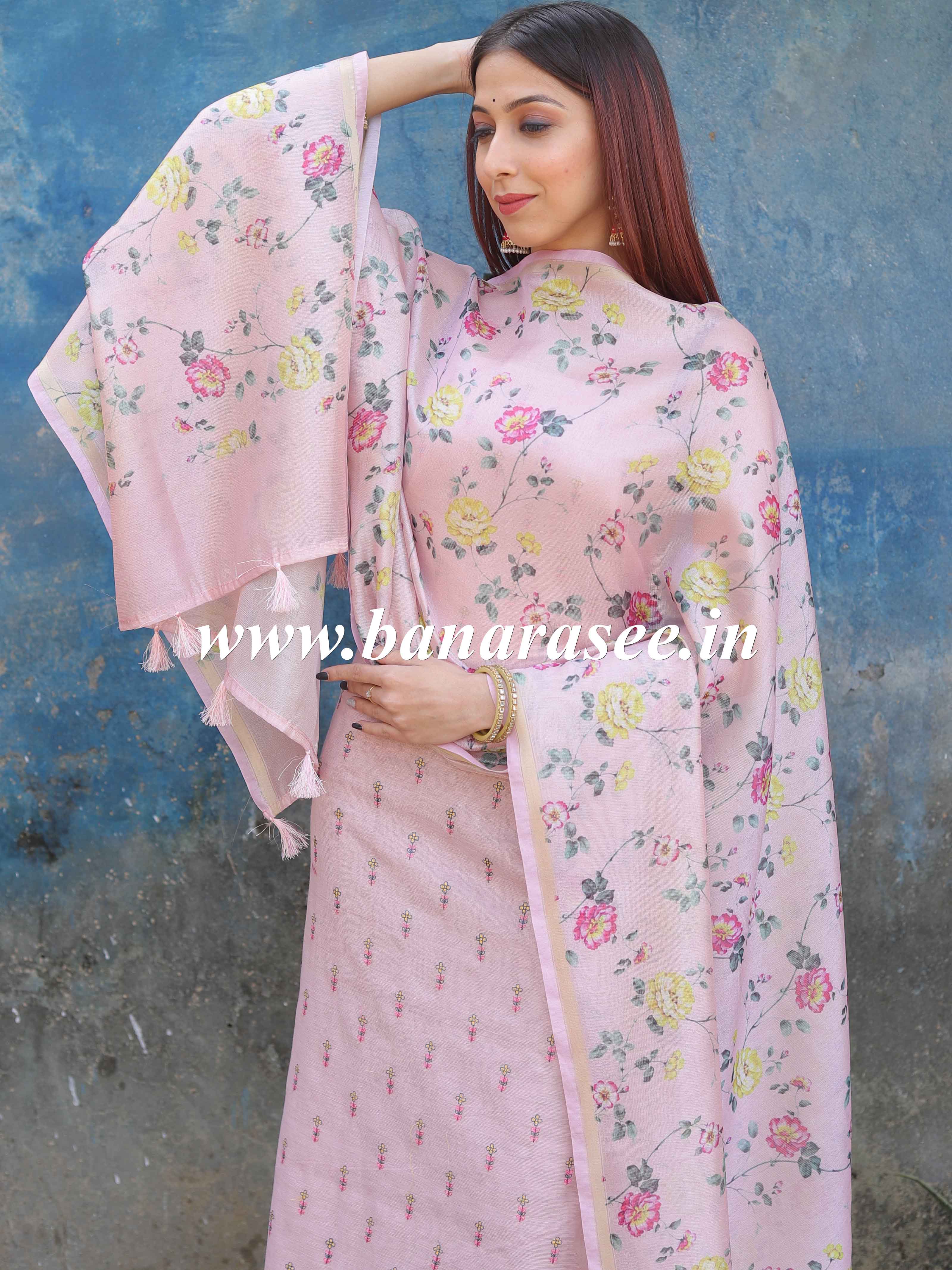 Banarasee Tissue Silk Salwar Kameez Fabric With Digital Print Duaptta-Pink