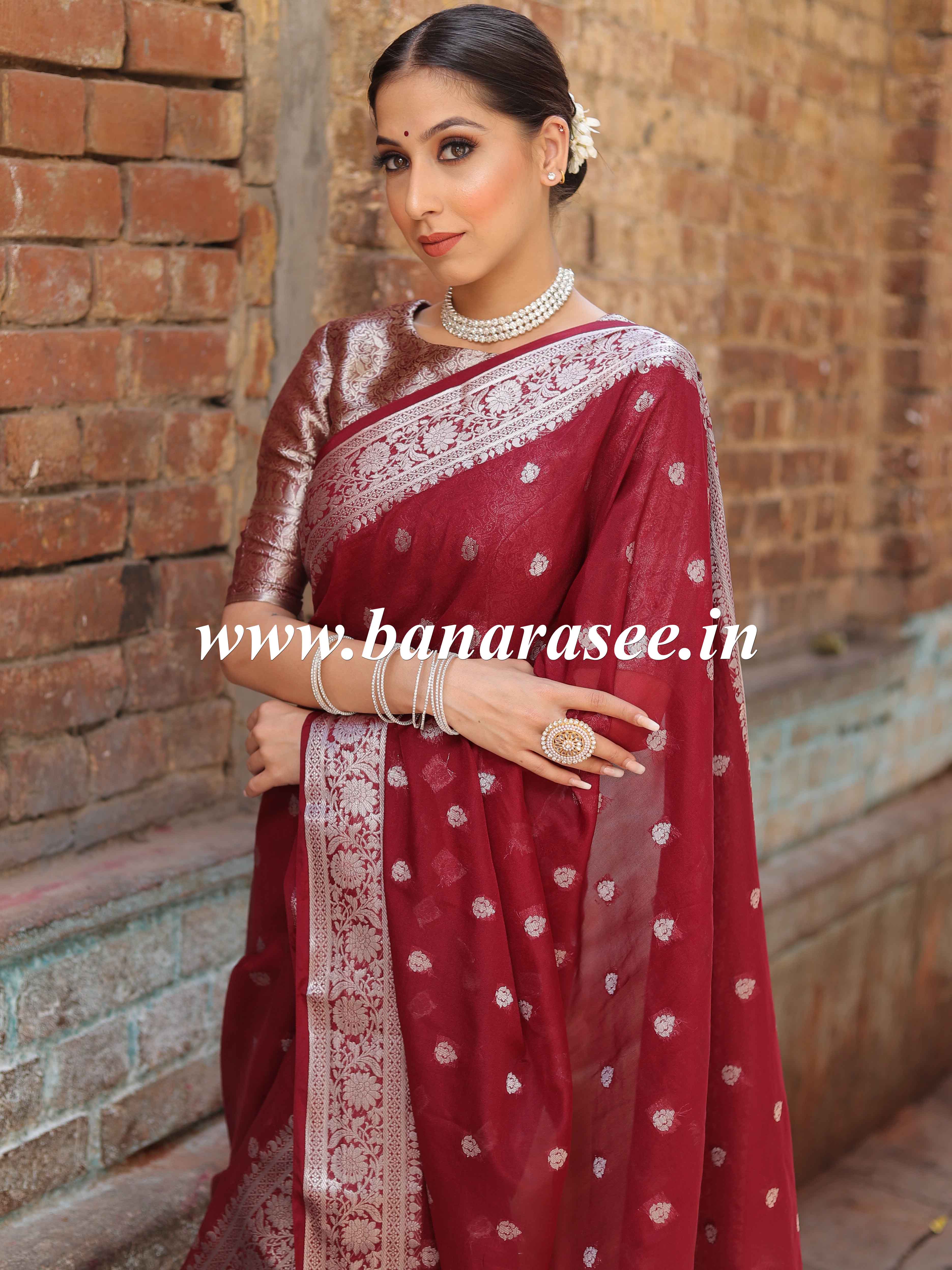 Banarasee Handwoven Semi-Chiffon Saree With Silver Zari Design-Maroon