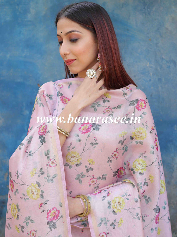 Banarasee Tissue Silk Salwar Kameez Fabric With Digital Print Duaptta-Pink