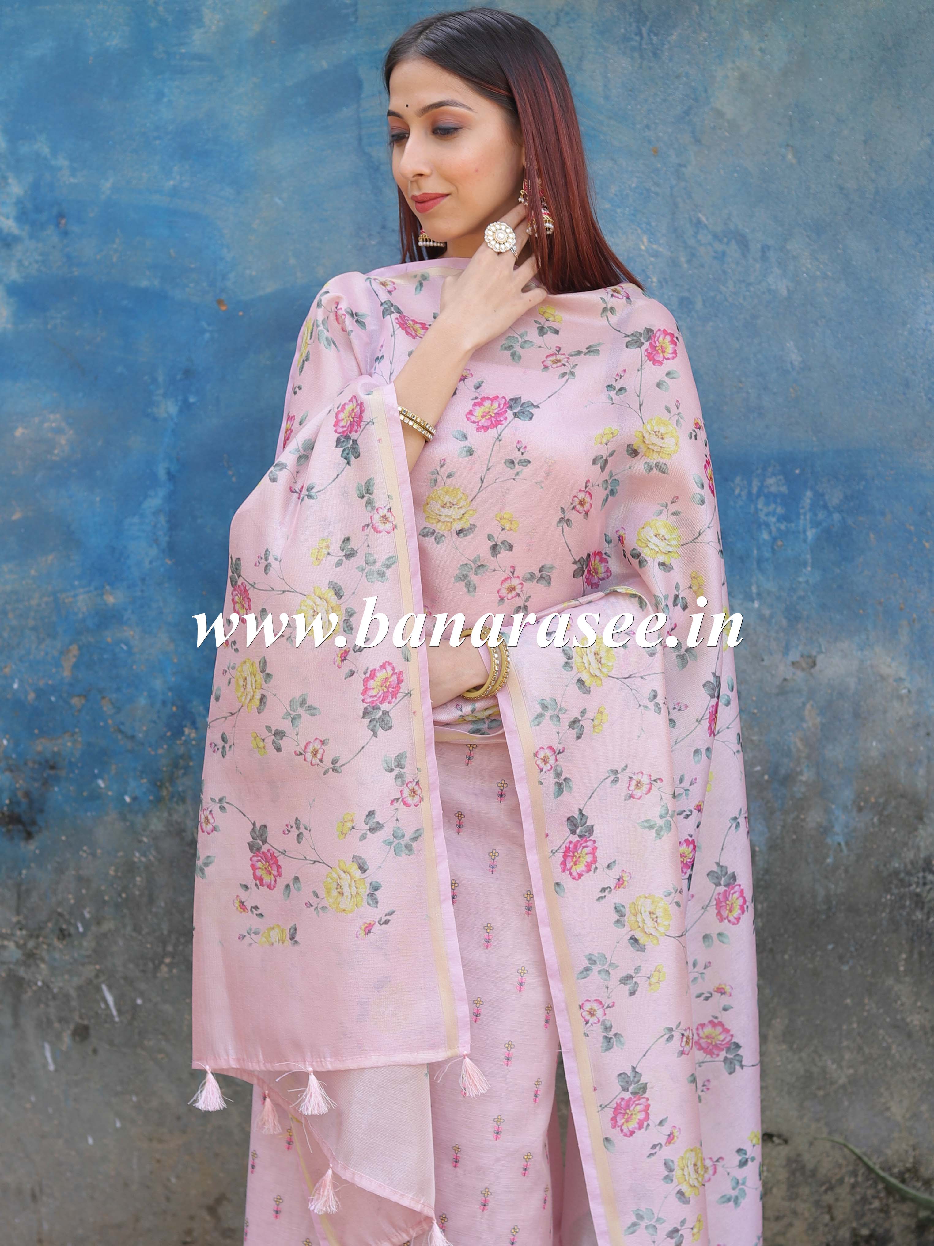Banarasee Tissue Silk Salwar Kameez Fabric With Digital Print Duaptta-Pink