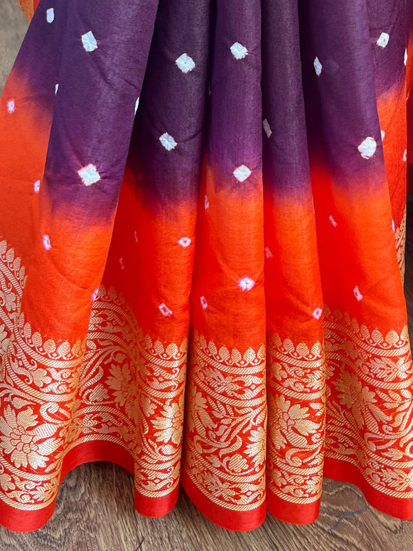 Banarasee Handwoven Semi-Chiffon Saree With Bandhej & Floral Border-Violet