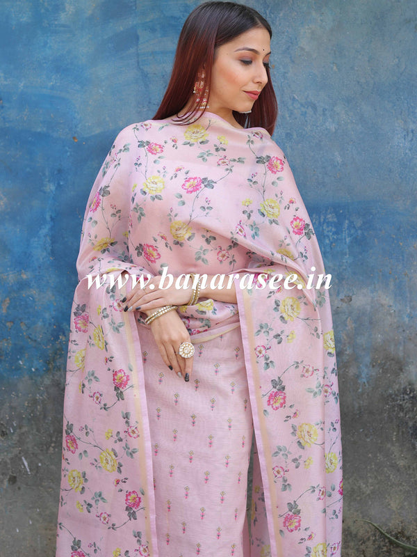 Banarasee Tissue Silk Salwar Kameez Fabric With Digital Print Duaptta-Pink