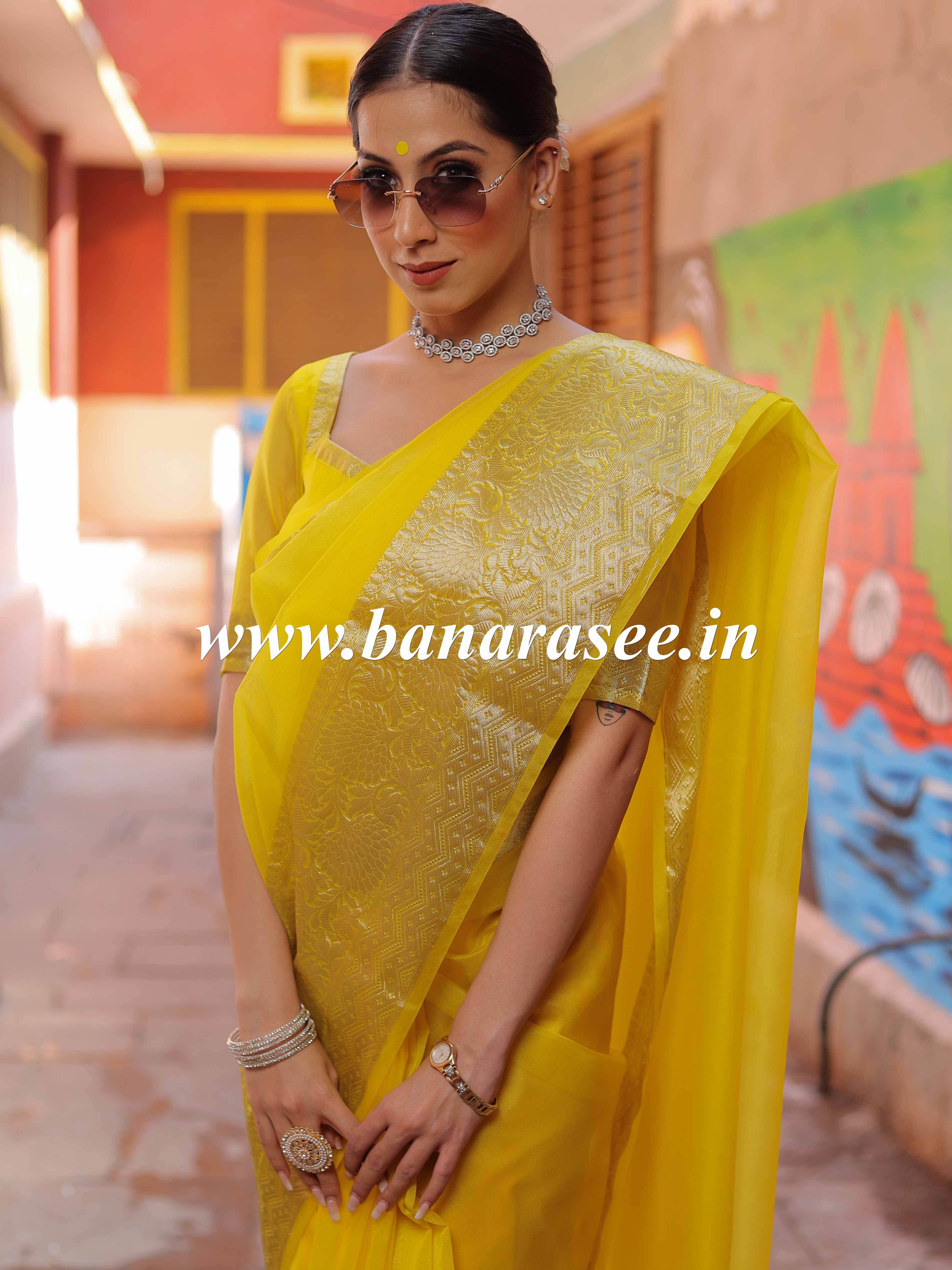 Banarasee Organza Mix Saree With Zari Border-Yellow