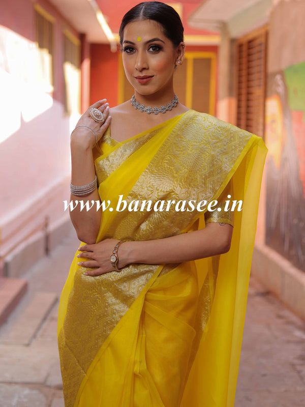 Banarasee Organza Mix Saree With Zari Border-Yellow