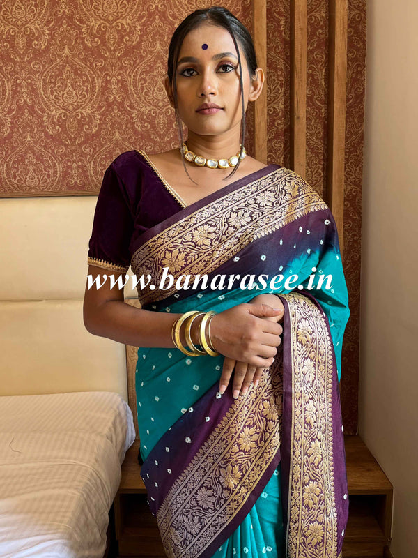 Banarasee Handwoven Semi-Chiffon Saree With Bandhej & Floral Border-Green