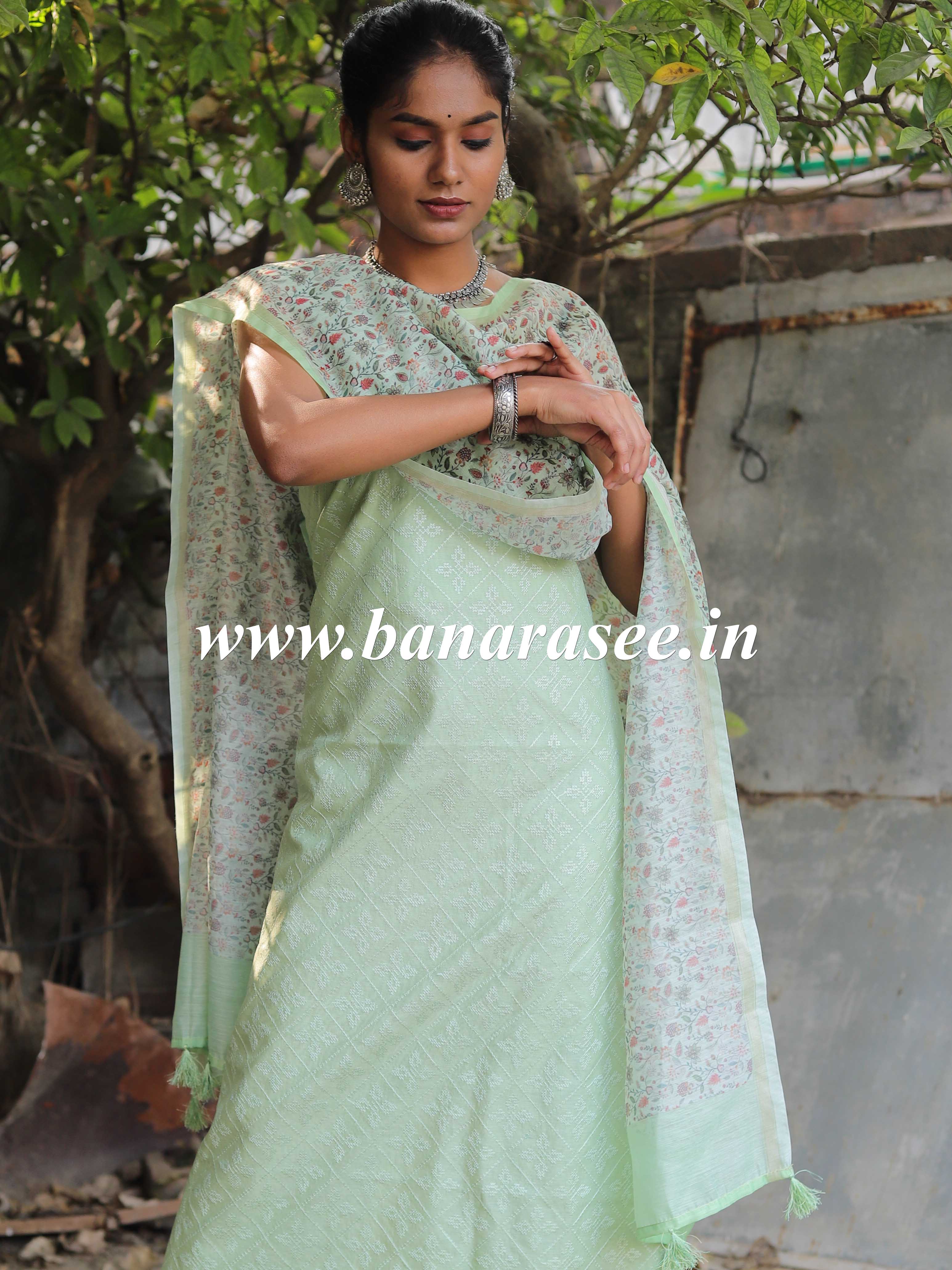 Banarasee Embroidered Chanderi Salwar Kameez With Digital Print Dupatta-Pastel Green
