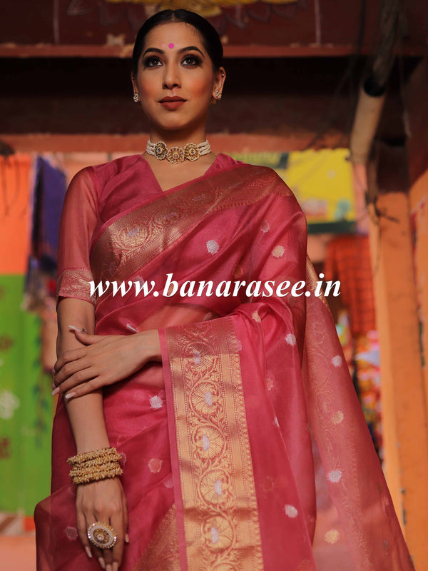 Banarasee Organza Mix Saree With Sona Rupa Zari Buta Design-Onion Pink