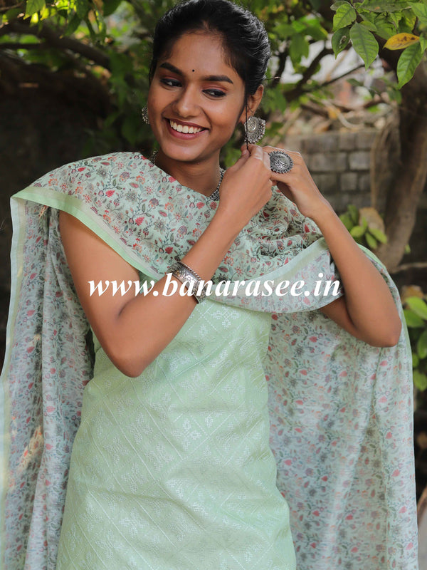 Banarasee Embroidered Chanderi Salwar Kameez With Digital Print Dupatta-Pastel Green