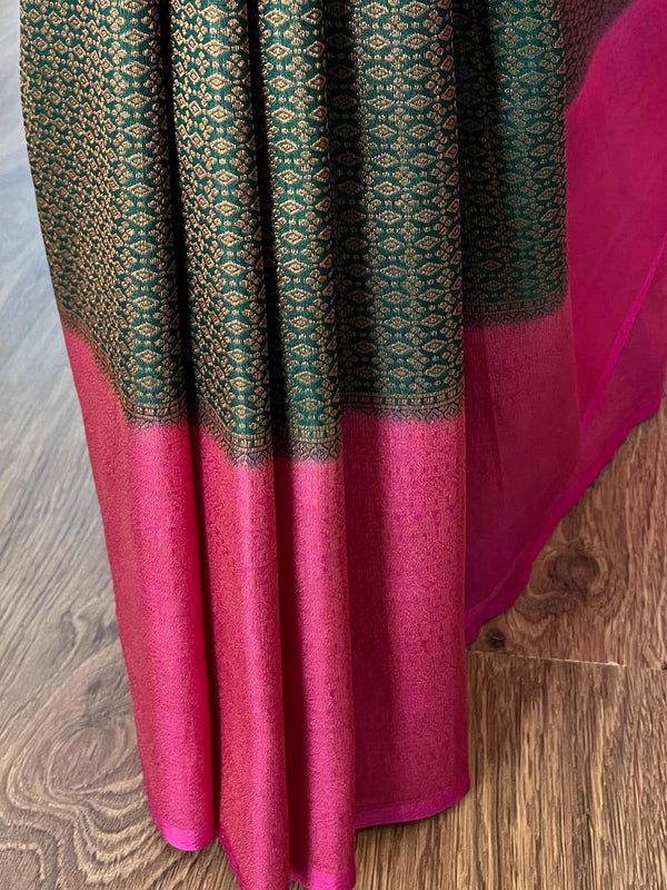 Banarasee Kubera Pattu Soft Silk Saree With Copper Zari Work-Green