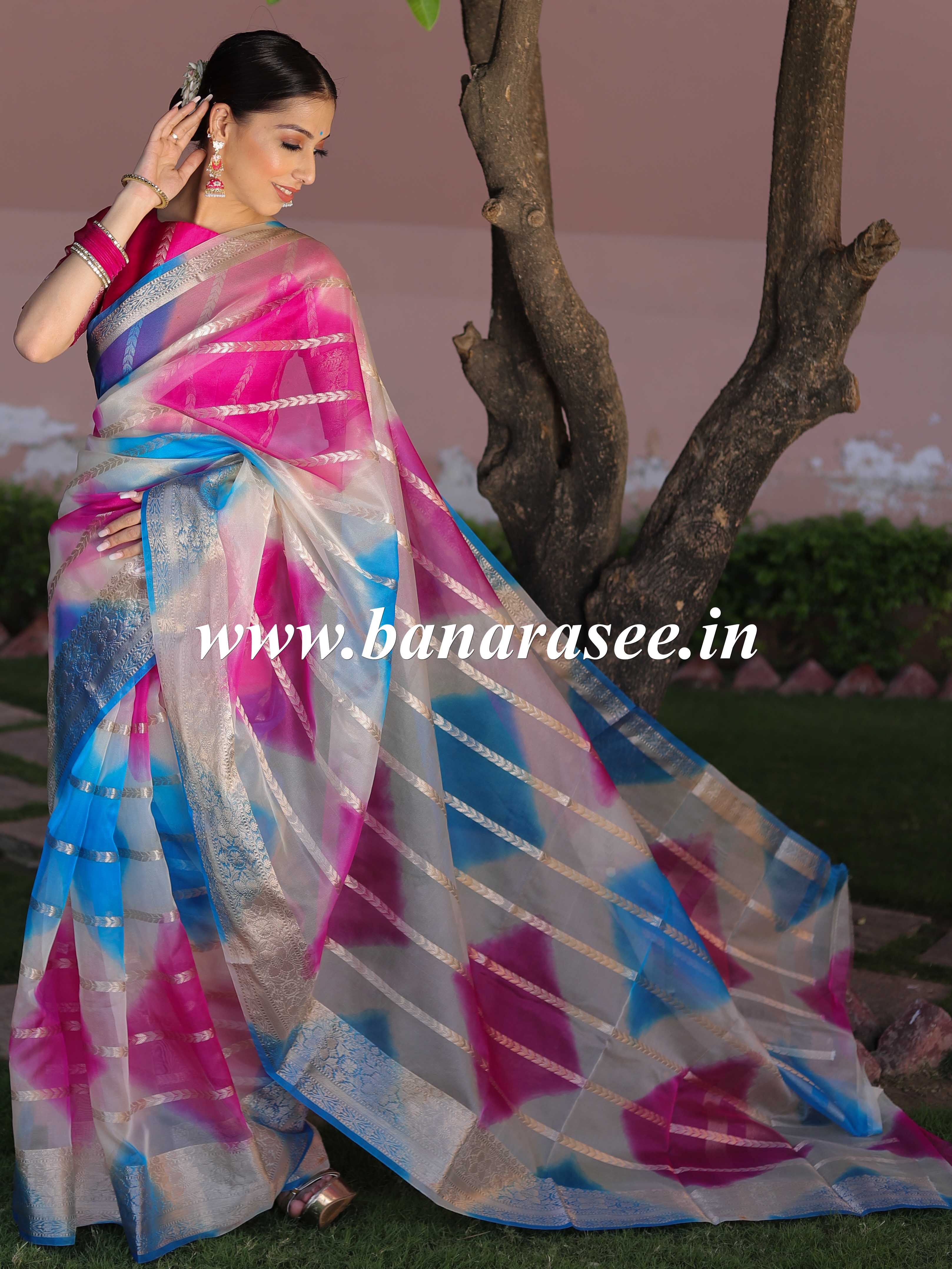 Banarasee Organza Silk Mix Saree With Shibori Dye & Zari Border-Multicolor