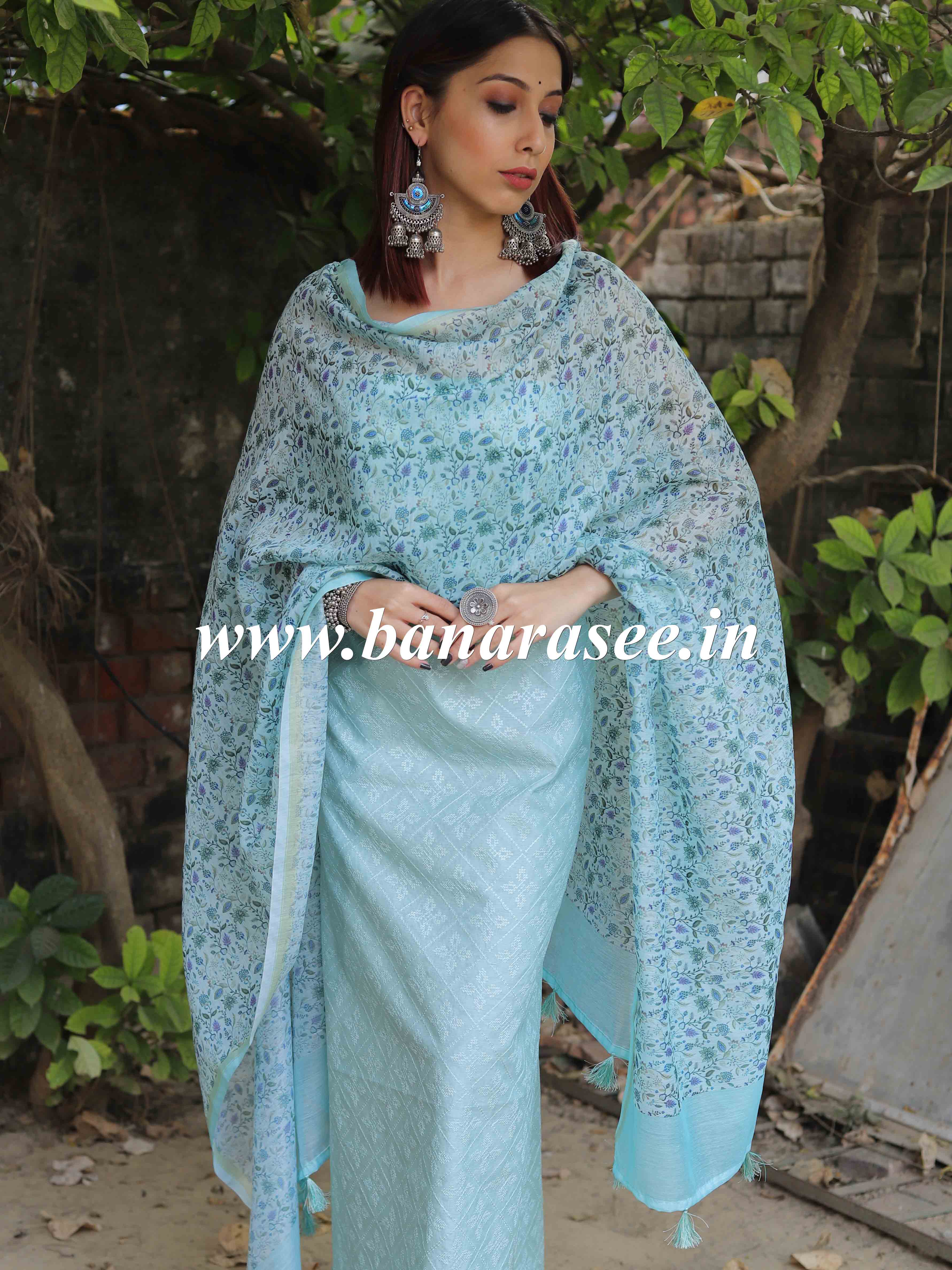 Banarasee Embroidered Chanderi Salwar Kameez With Digital Print Dupatta-Pastel Blue