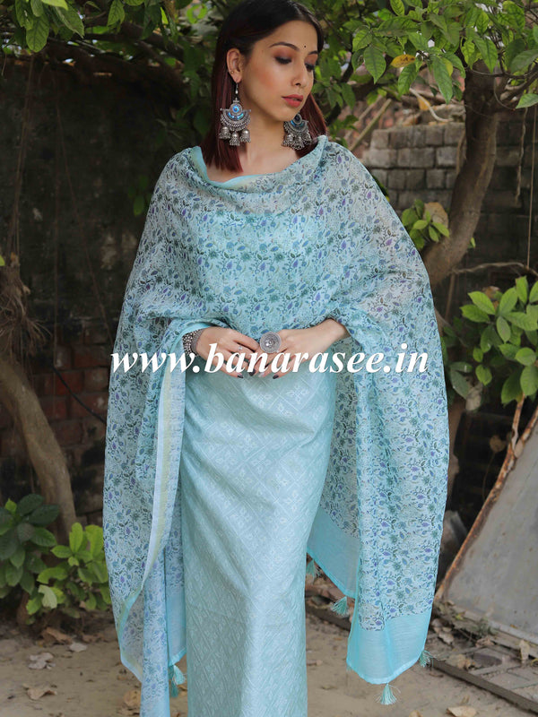 Banarasee Embroidered Chanderi Salwar Kameez With Digital Print Dupatta-Pastel Blue