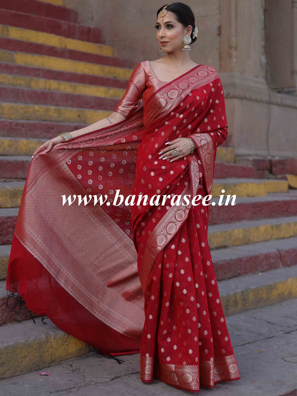 Banarasee Handwoven Pure Silk Cotton Saree With Zari Buti & Border-Deep Red
