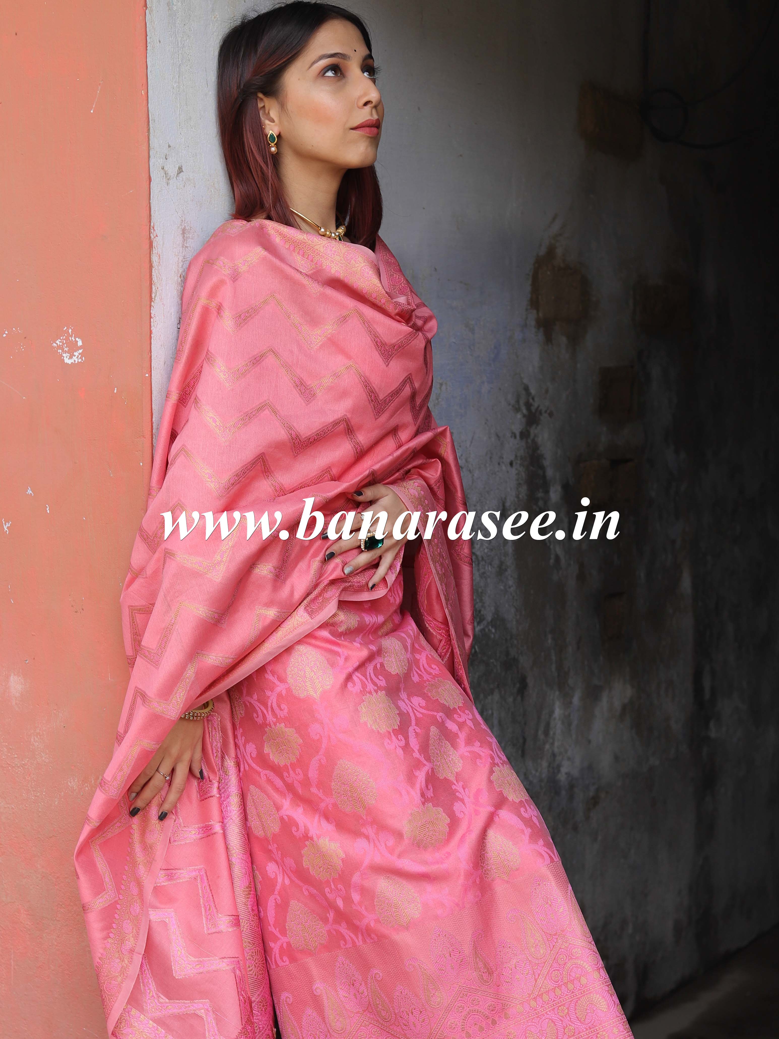 Banarasee Semi-Silk Salwar Kameez Fabric With Meena Design-Peach