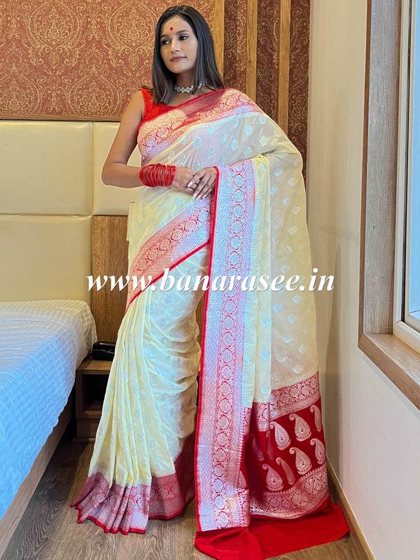 Banarasee Handwoven Faux Georgette Saree With Silver Zari Buti & Contrast Border Design-Yellow