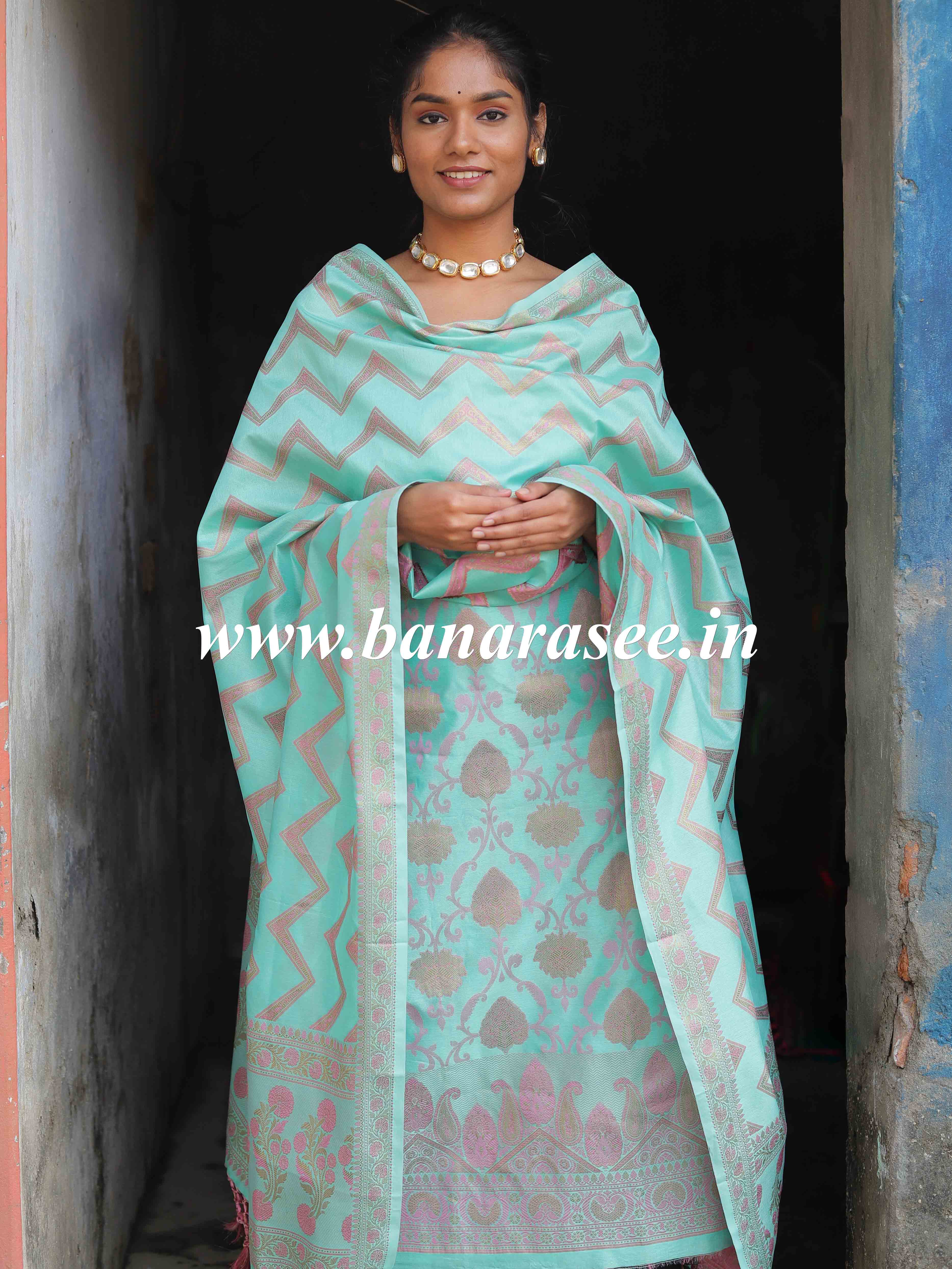 Banarasee Semi-Silk Salwar Kameez Fabric With Meena Design-Green