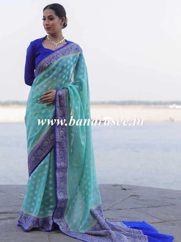 Banarasee Handwoven Semi-Chiffon Saree With Zari Buta & Contrast Border-Blue