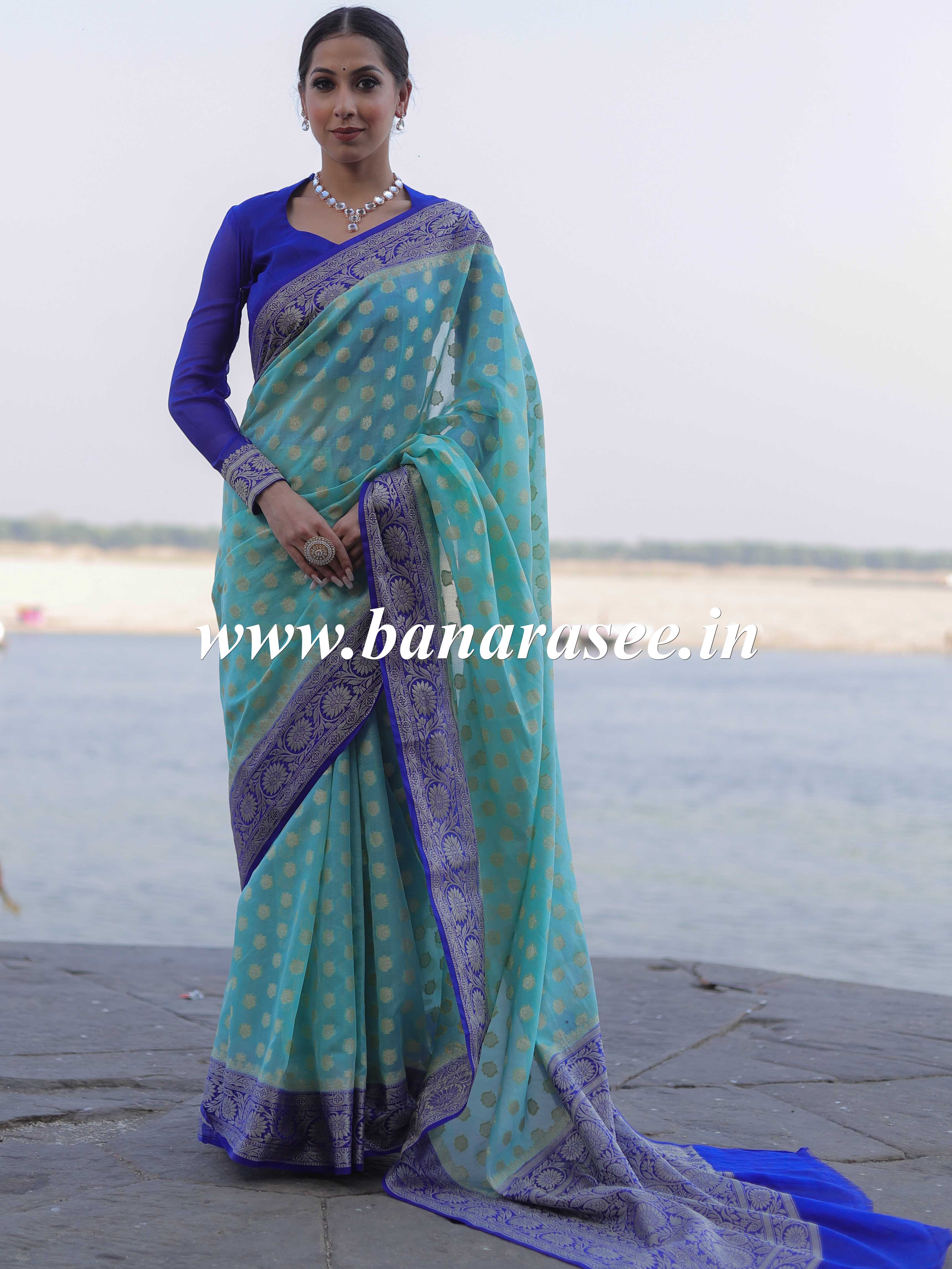 Banarasee Handwoven Semi-Chiffon Saree With Zari Buta & Contrast Border-Blue