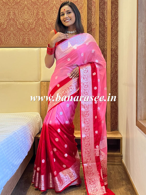 Banarasee Handwoven Semi-Chiffon Saree With Silver Zari & Dual Color-Pink